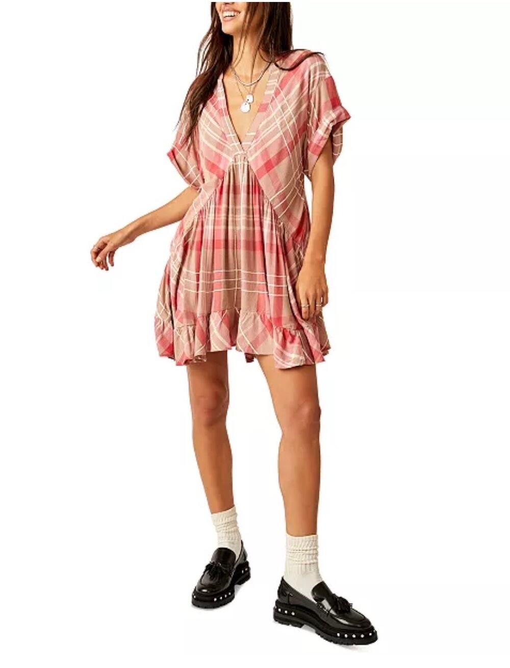 Free People Womens Agnes Plaid Mini Dress Pink Tan Boho Size Medium